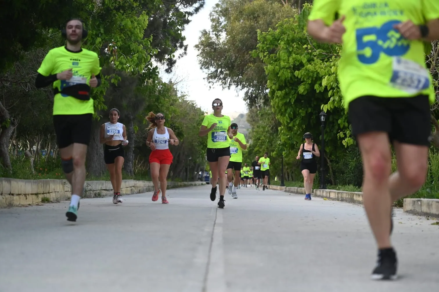 Runners in 50th-edition shirts on the course
