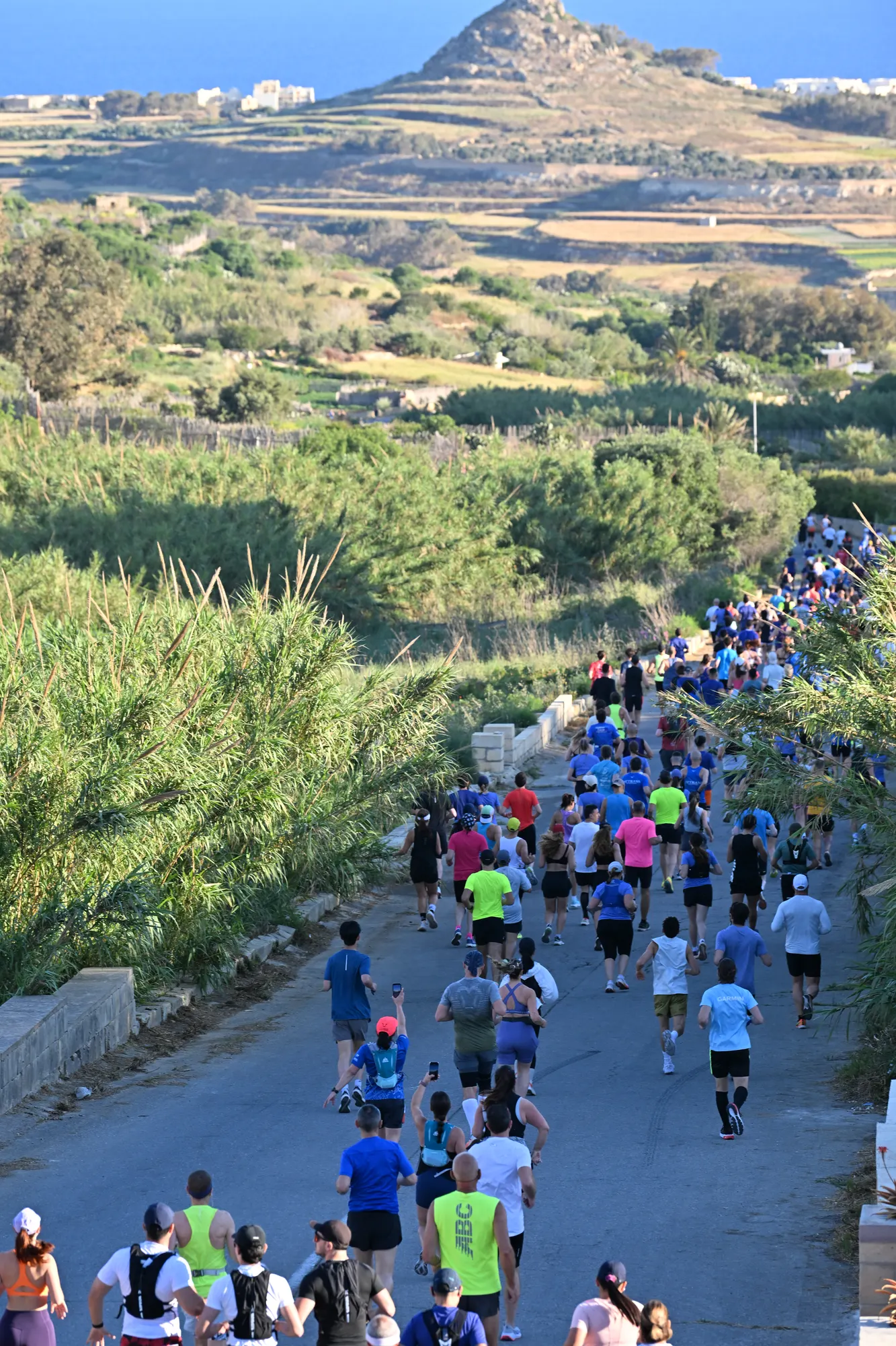 The half marathon field running down towards the coast
